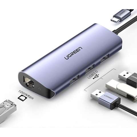 USB ჰაბი UGREEN (60717) USB-C To 3*USB 3.0 A HUB+ Gigabit Converter